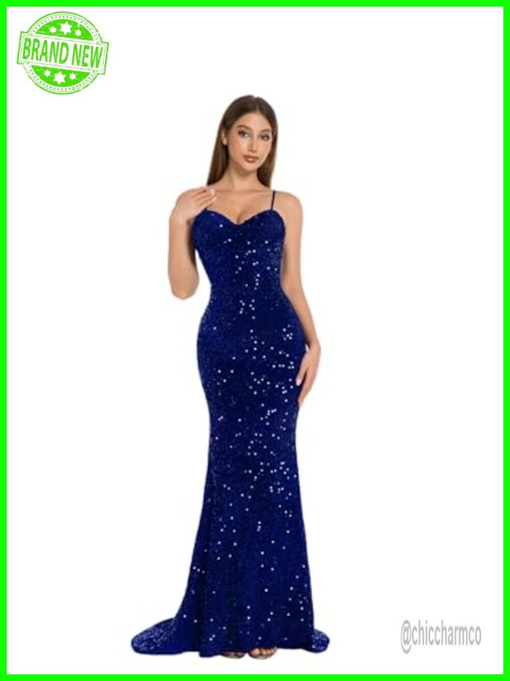 Mermaid Sequin Formal Evening Dress Spaghetti Strap V-Neck Prom Gown